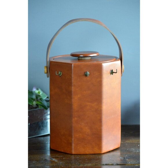 Ice Bucket Utensil Hooks Octagonal Tan Leatherette Vegan Leather mad men barware - Picture 1 of 5